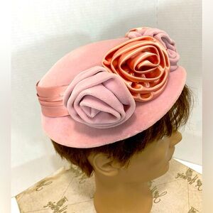 1950s Blush pink velvet and satin floral pill box hat. Soft and special.